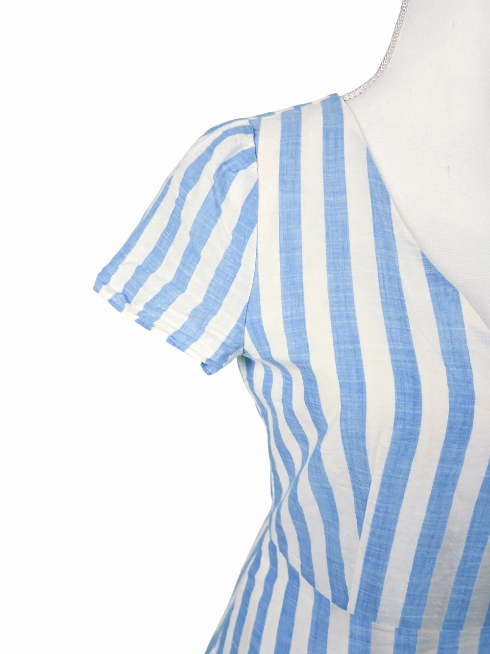 J. Crew Blue and White Striped Short Sleeve Faux Wrap Dress